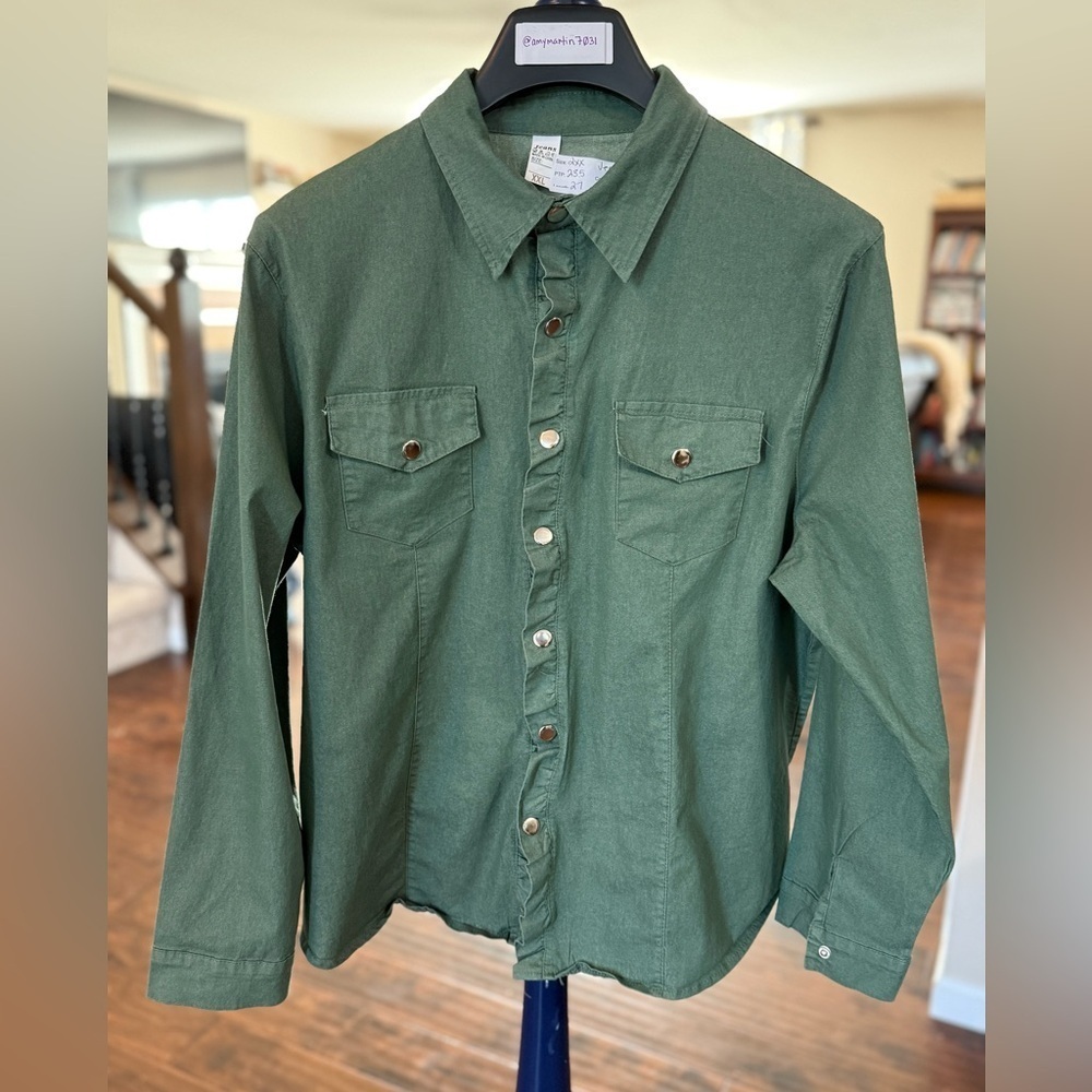 Women's Green Ruffled Snap Shirt/Shacket, Size XXL
